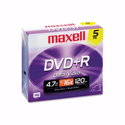 MAXELL DVD+R Discs, 4.7GB, 16x, w/Jewel Cases, Silver, 5/Pack